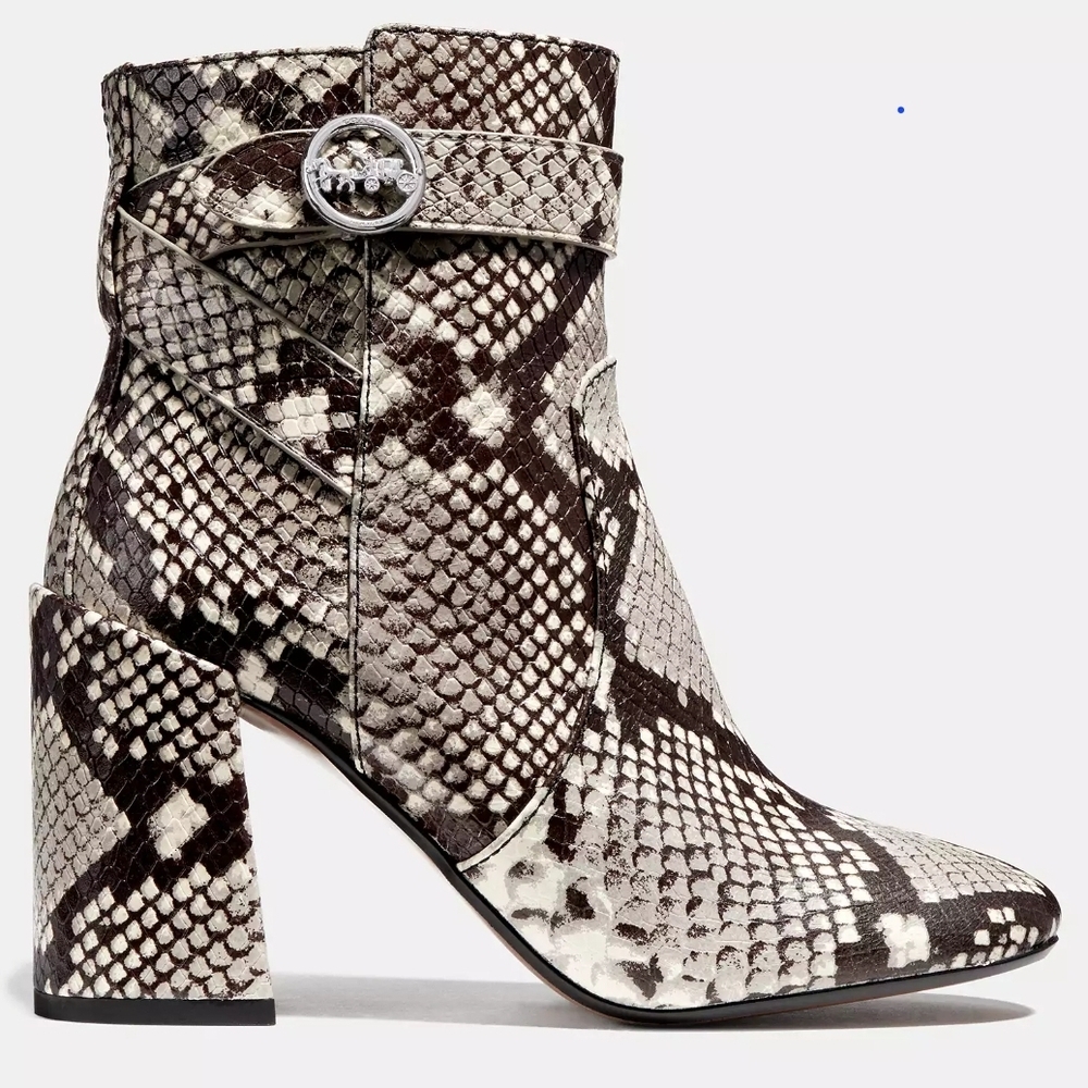COACH "Elisa" Snakeskin-Printed Leather Heeled Boots - Black/Tan/White - Size 9 - Picture 13 of 13
